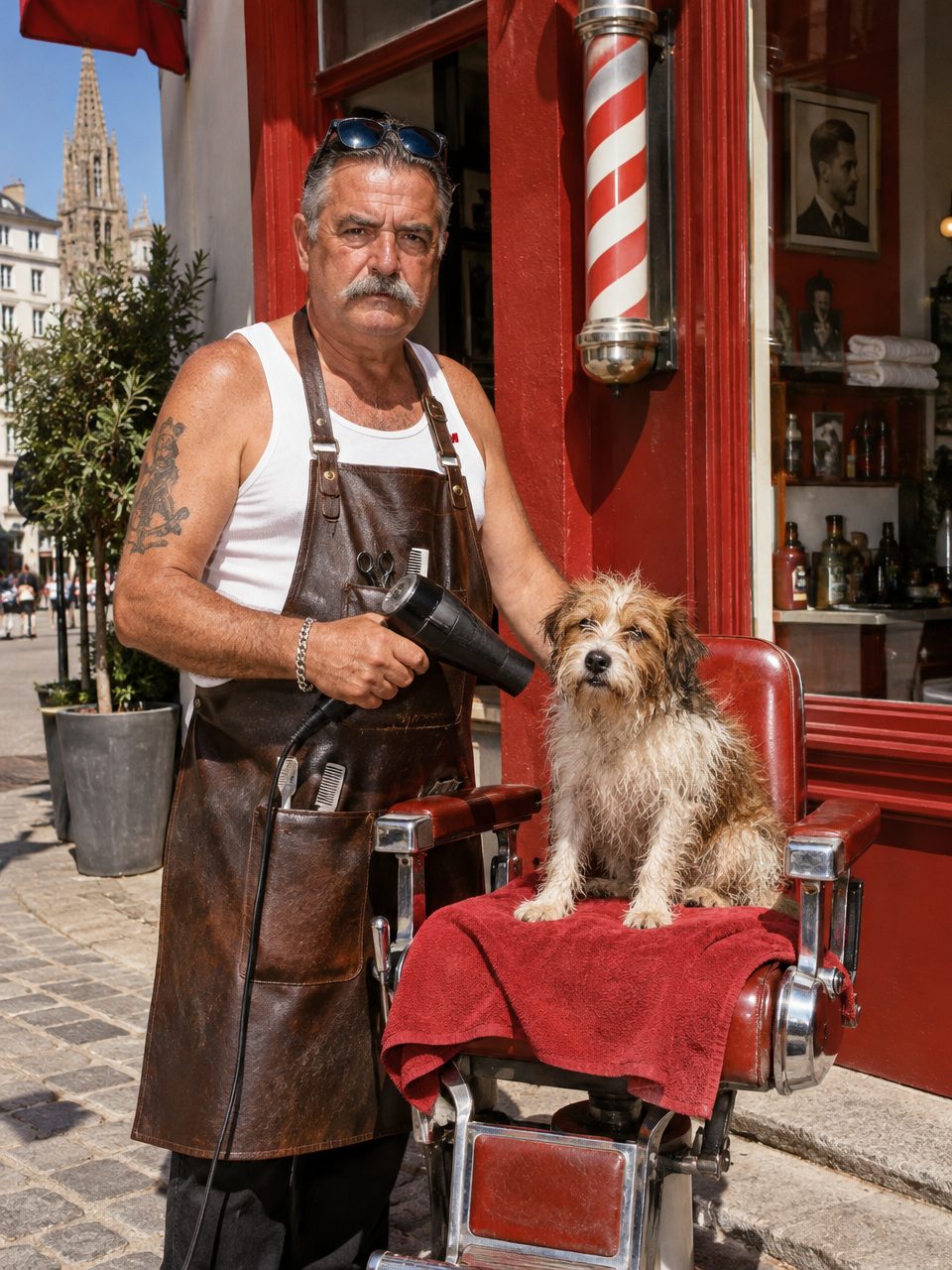 Jef at his barbershop, drying a dog