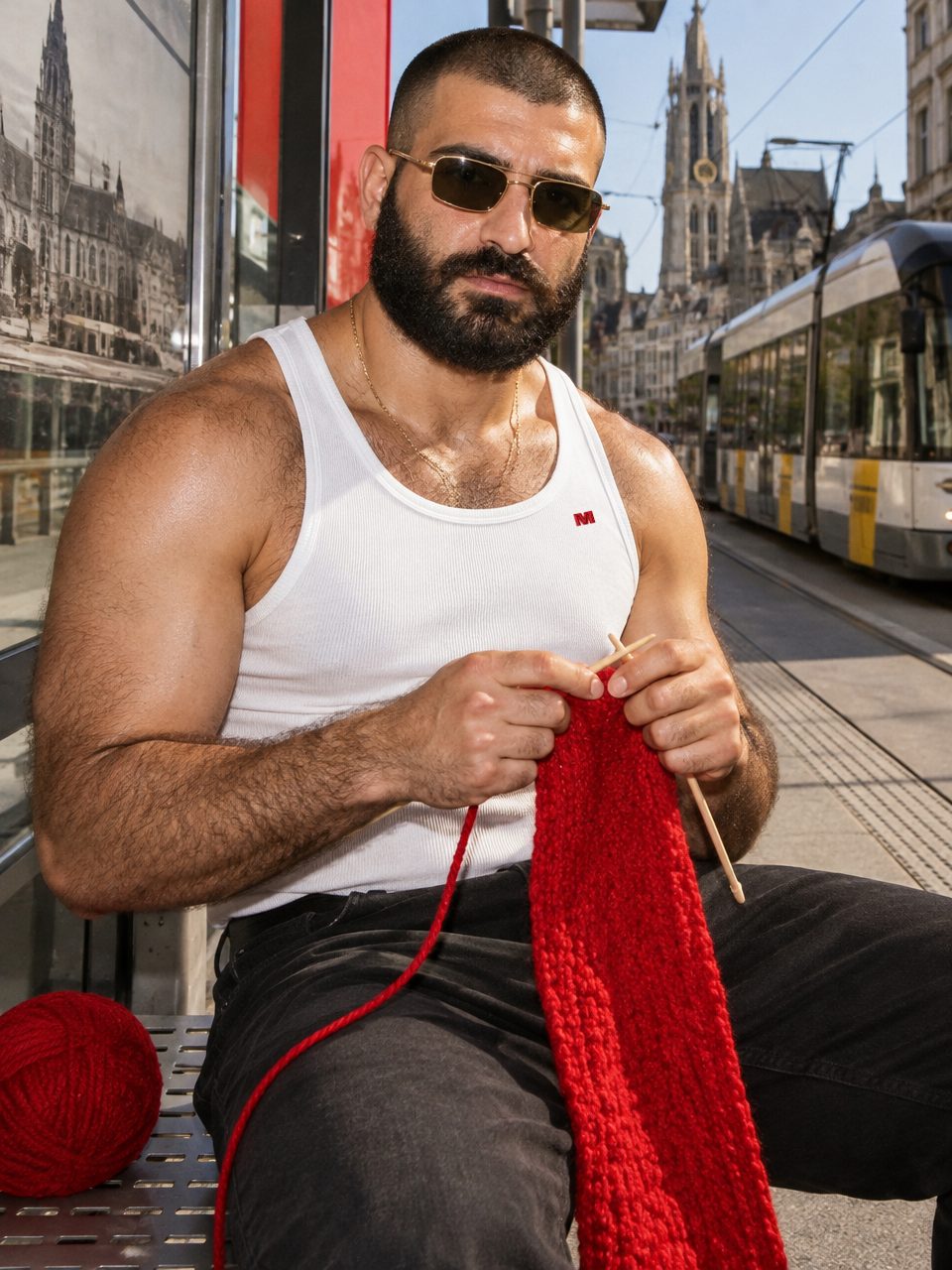 Karim knitting a red scarf at the tram stop