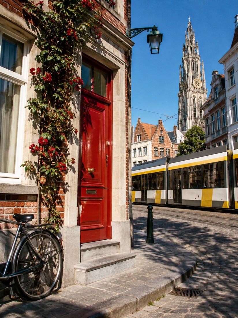 An Antwerp street with the tram passing