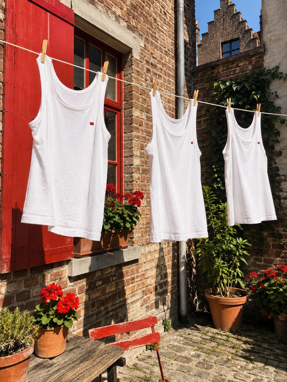 Three Marcellekes drying on a washing line in an Antwerp courtyard